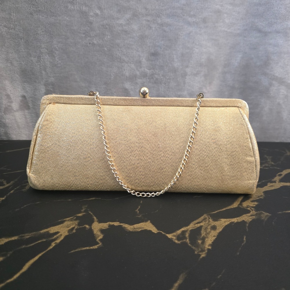 Vintage 1950s–60s Gold Metallic Lamé Kiss-Lock Evening Bag Chain Clutch